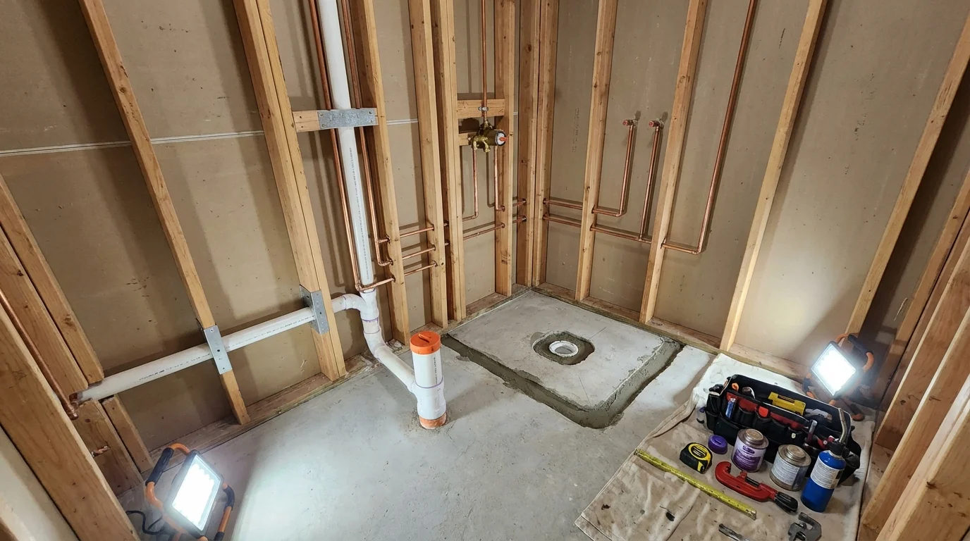 Bathroom rough-in plumbing during remodel by Johns Plumbing LLC in Thonotosassa