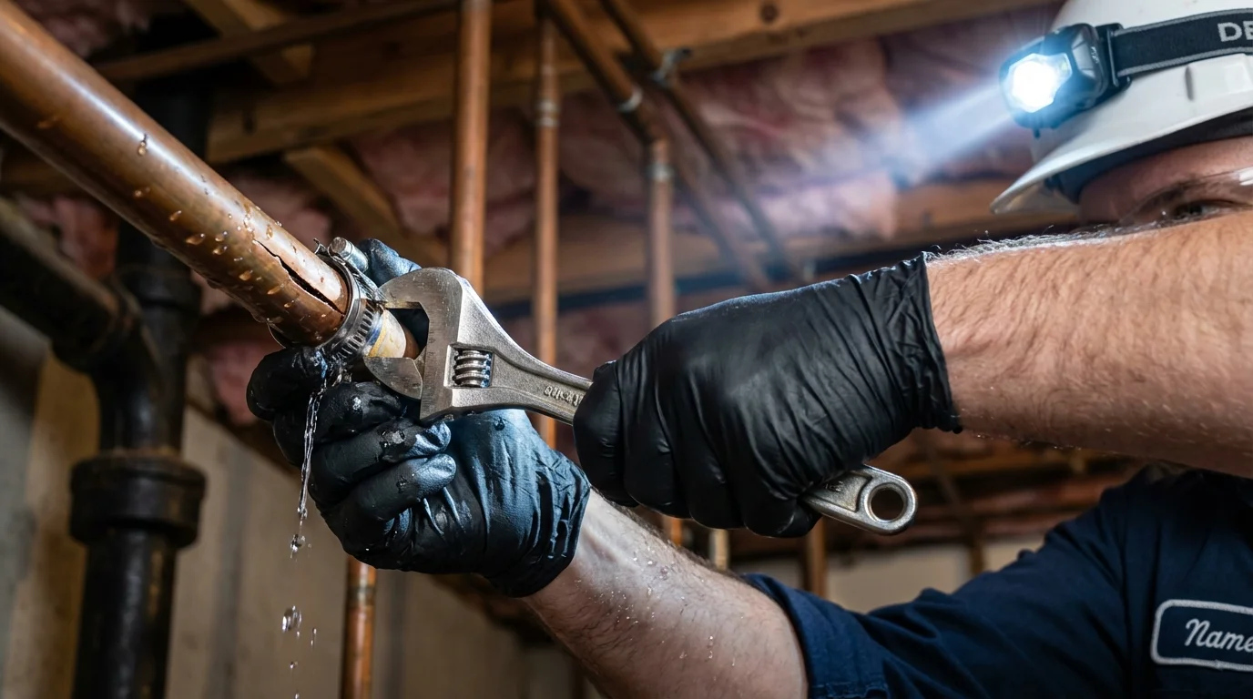 Emergency pipe clamp repair being performed by a Johns Plumbing LLC plumber in Thonotosassa