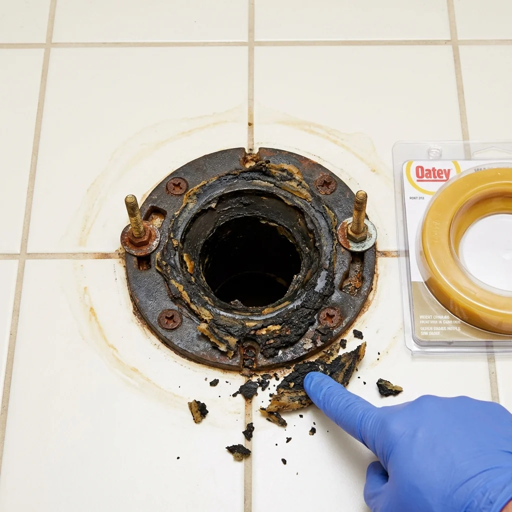 Failed wax ring showing water seepage at the base of a toilet in a Thonotosassa, FL home