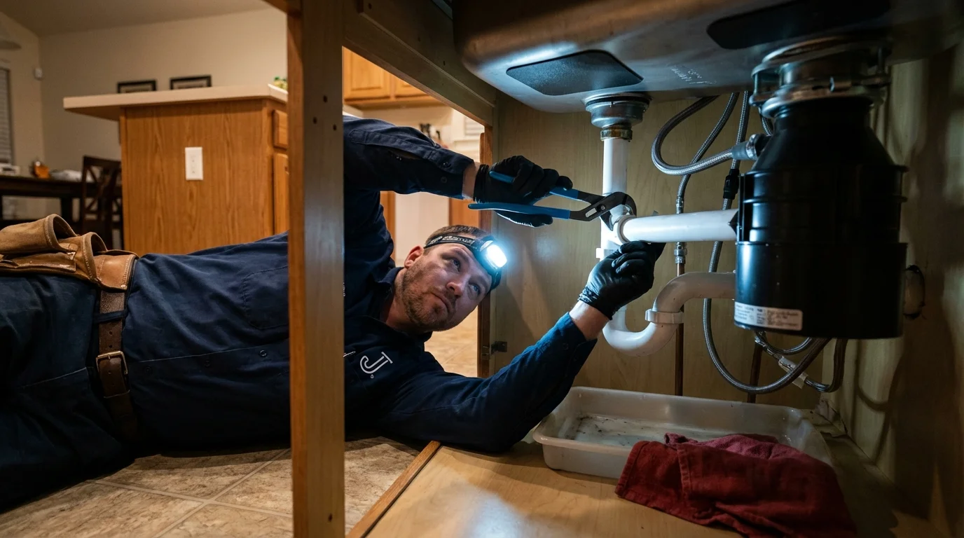 P-trap and supply line connections under a kitchen sink showing a common leak point in Thonotosassa, FL